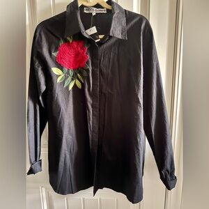 Black Blouse with Red Floral Embroidery Size L